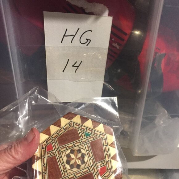 Handcrafted Marketry Inlay Wooden Jewelry Box With Brass Latch Hexagonal - Picture 9 of 9